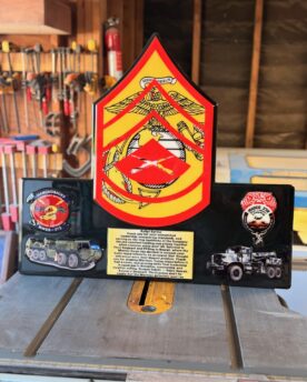 Custom commemorative plaque with challenge coins displayed along both sides